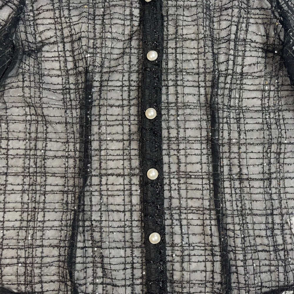 Black Plaid Sheer Sparkle Button Up Blouse Top Medium Whimsigoth Edgy Fairy - Picture 5 of 13